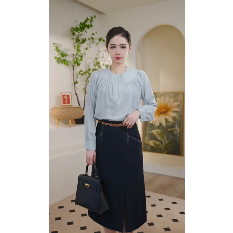 【曼曼甄选】欧若风8493109湖绿色衬衫职场女装高级简约衬衣