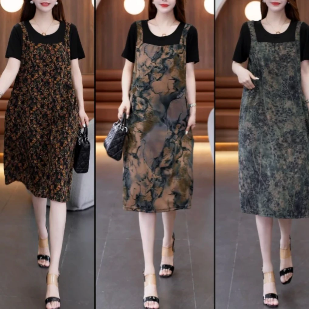 洋气大码薄款时尚宽松印花假两件中老年遮肉显瘦妈妈连衣裙