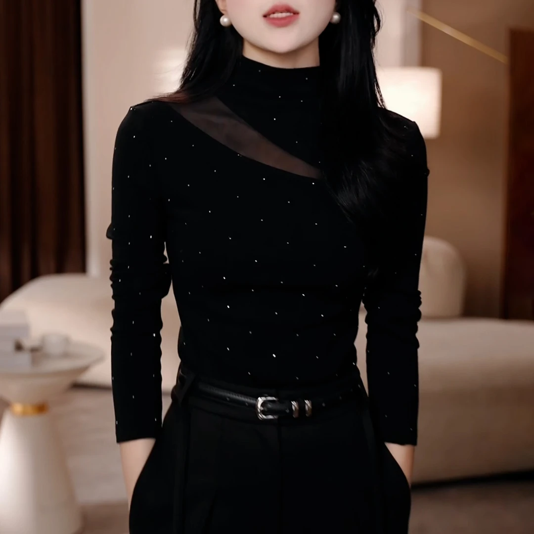 加绒保暖显瘦打底衫上衣女2025秋冬新款高级感烫钻拼接半高领T恤