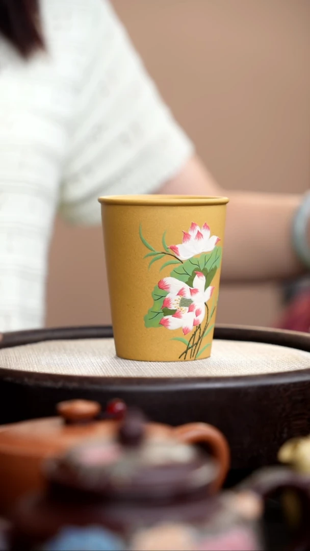 茶壶紫砂黄金段可乐杯泥绘荷花