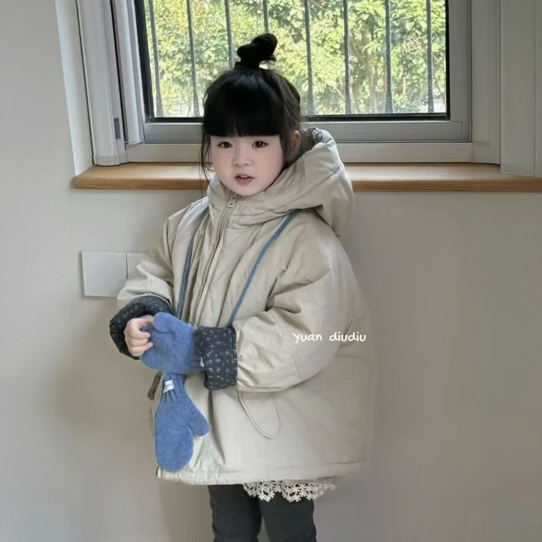 2025秋冬新款儿童韩版百搭连帽加厚棉服女童中长款休闲保暖外套潮