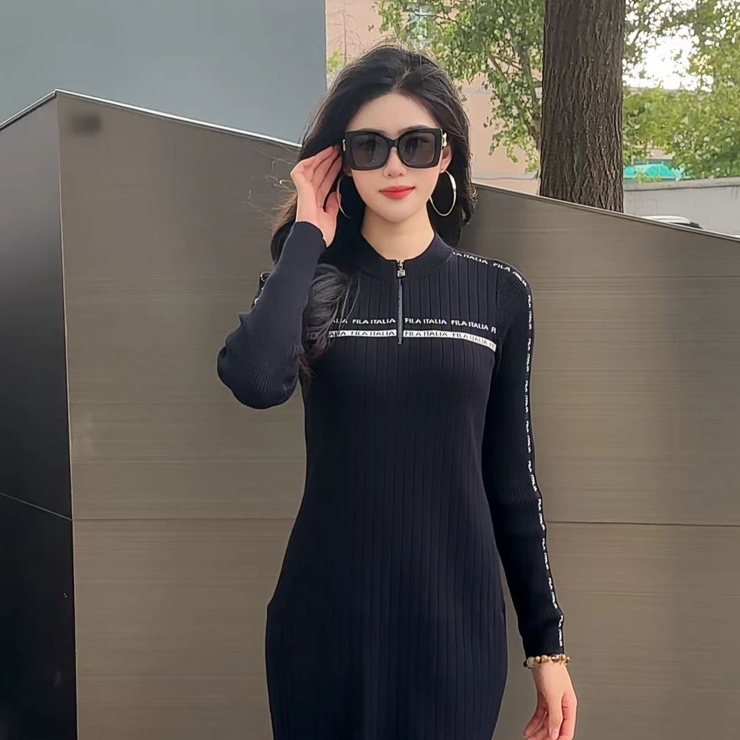 【流光风】Fila/斐乐春季连衣裙长袖简约收腰编织传奇蓝女装长裙