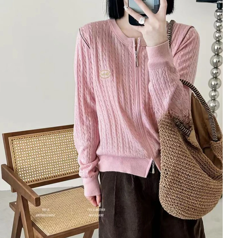 欧货圆领双拉链2025春季刺绣Logo小众设计款潮流洋气时尚针织开衫