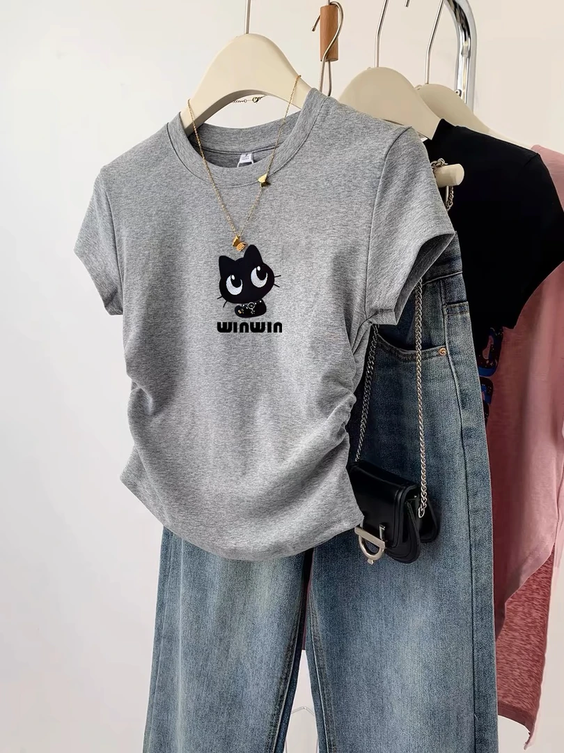 复古圆领女T恤休闲时尚百搭夏季新款正肩棉T恤女上衣猫咪印花短款