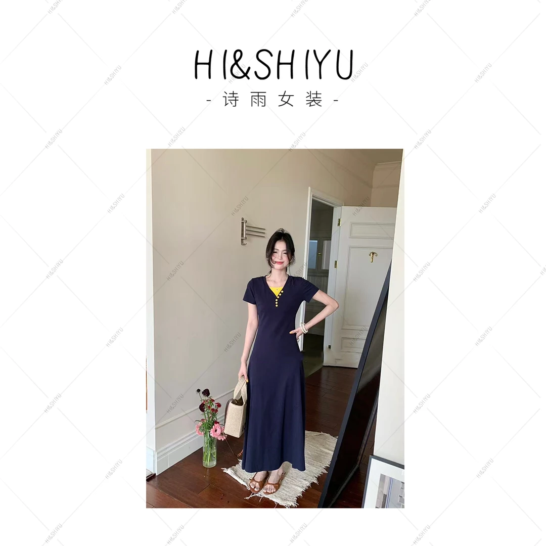 HISHIYU【寻梦岛屿】新款法式高级感撞色假两件长裙夏装连体裙 女