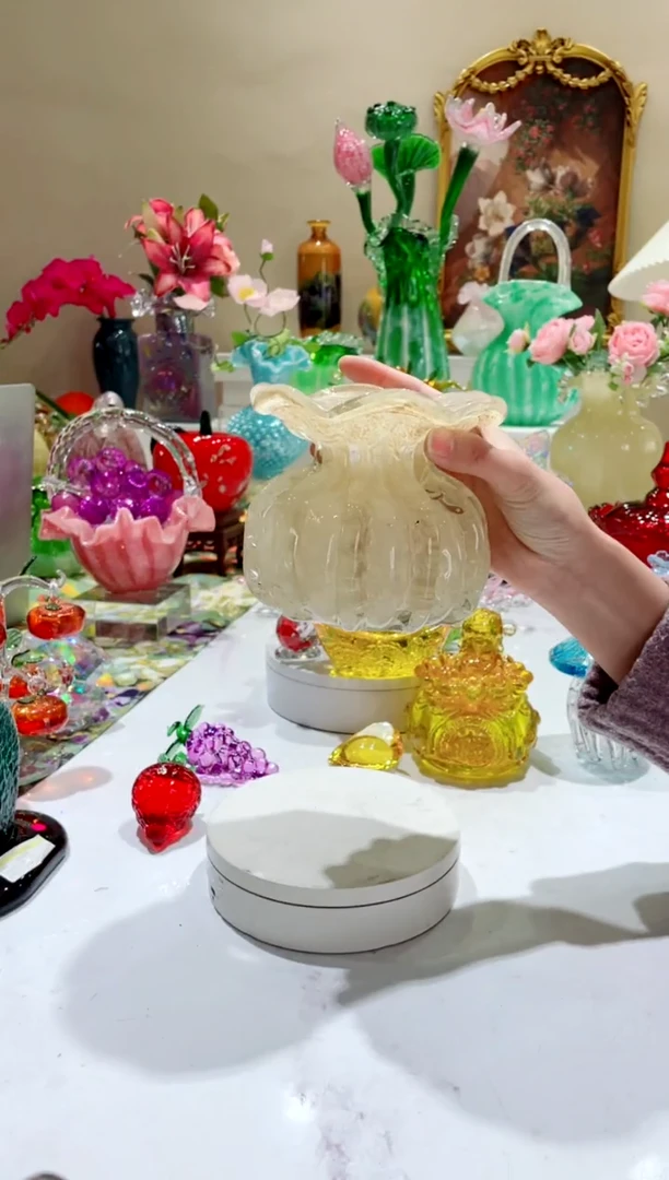 【闪购商品】琉璃手工艺品奶黄色福袋花瓶    微瑕