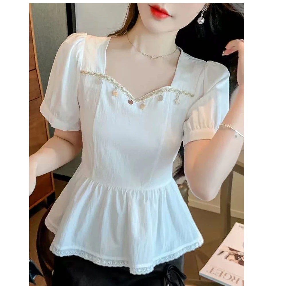 大码夏新款法式高级感流苏亮片衬衫小众设计感收腰蕾丝边上衣339