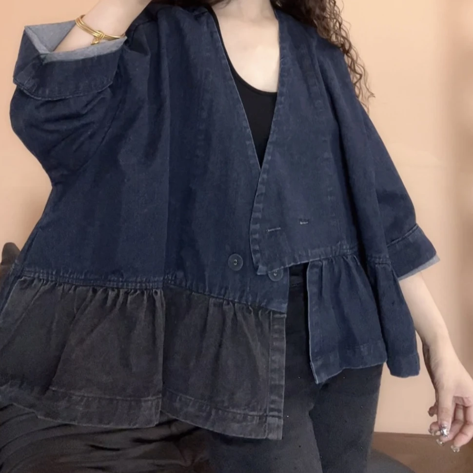 museguhui/木色古汇46035#牛仔V领拼色拼接娃娃外套