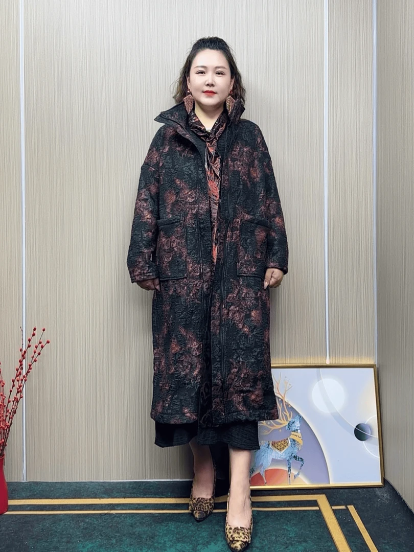 加肥加大码长袖中长款风衣中老年秋冬加绒大衣遮肉显瘦保暖外套