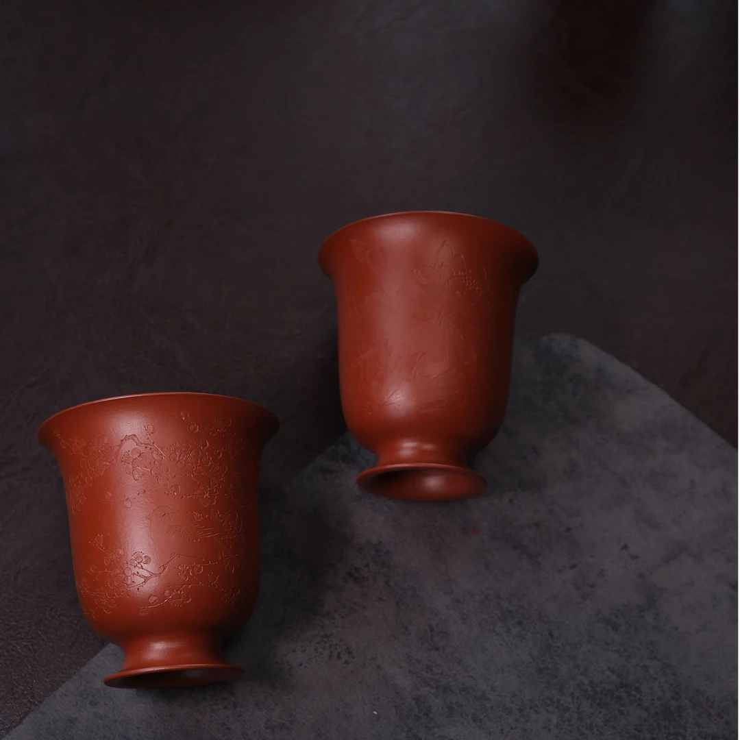 静心 朱泥超薄胎 刻绘荷花 喜上眉梢 160cc 主人杯 精品高端单杯