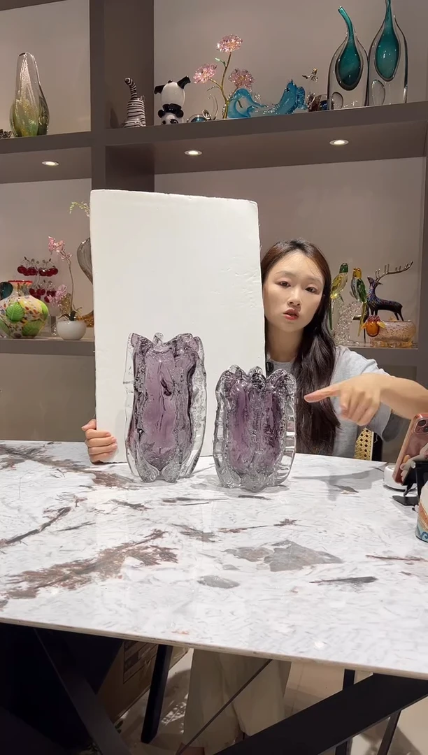 烟紫色气泡琉璃花瓶一对