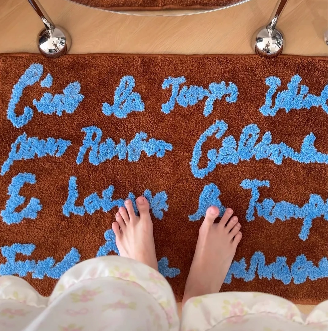 复古英文字母ins风簇绒地毯入户客厅卧室床边高颜长绒垫地垫脚垫
