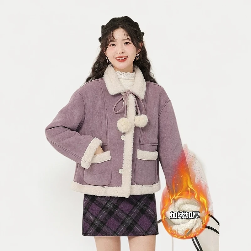小香风高级感紫色外套女2024冬季新款小个子撞色加厚上衣