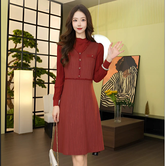 【绵羊毛】乔万尼2025秋季红色富贵显白显瘦修身长袖连衣裙ET1E502