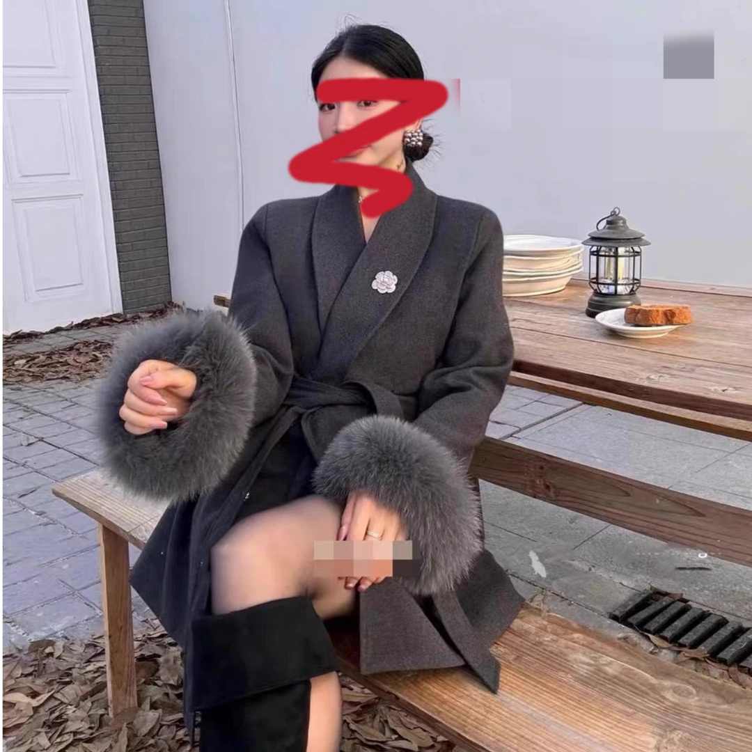 时尚优雅气质中长款毛呢外套内胆羽羽袖口配环保毛毛