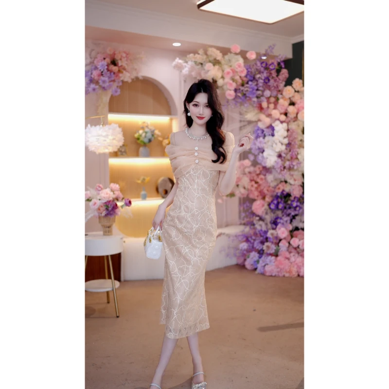 夏季女装新款轻奢名媛修身网纱蕾丝镶钻气质短袖法式连衣裙6197