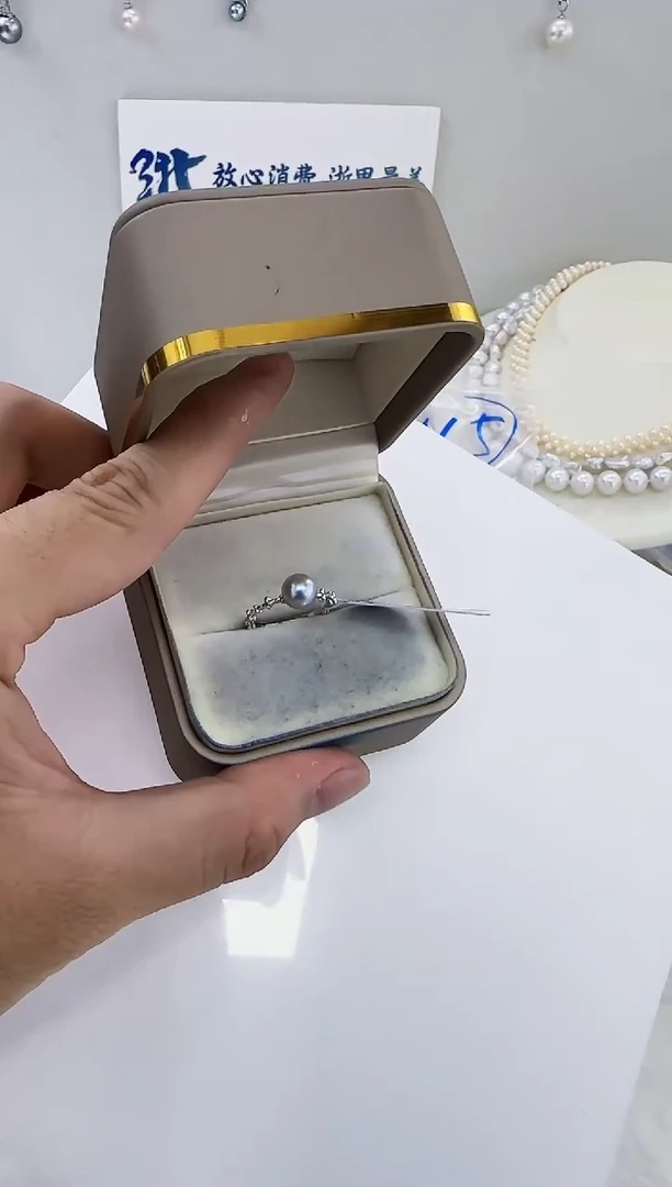 银S925镶嵌海水珍珠DA海水灰珠戒指7-8 c703
