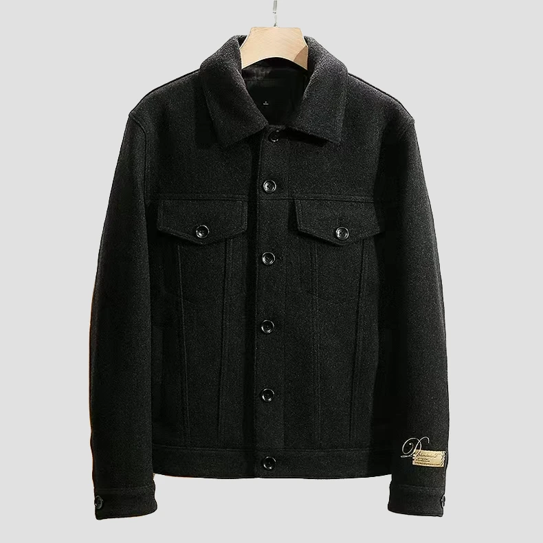 男士经典时尚黑色保暖翻领拼接优雅绅士毛呢夹克 B1BCA4411