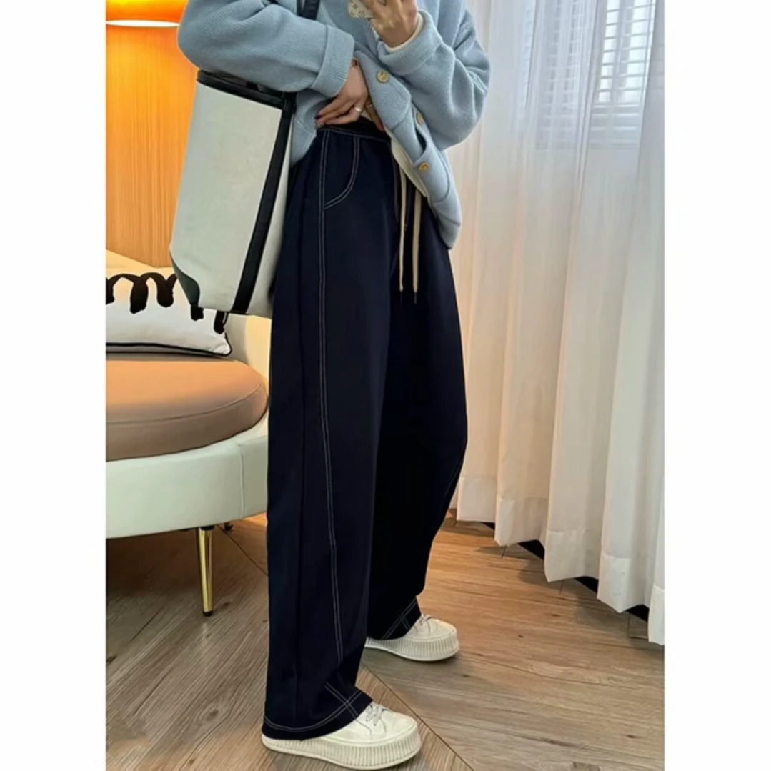 2025春季新款复古休闲设计感抽绳高腰阔腿修容线弯刀裤牛仔裤女