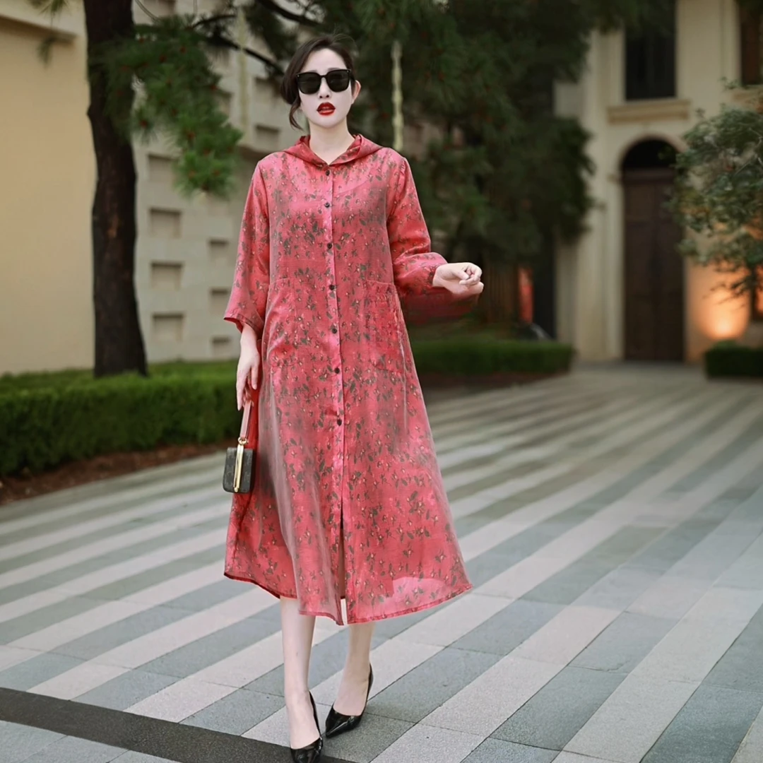 810-1防晒气质夏新款长款连帽外套气质妈妈薄款大码外披开衫风衣