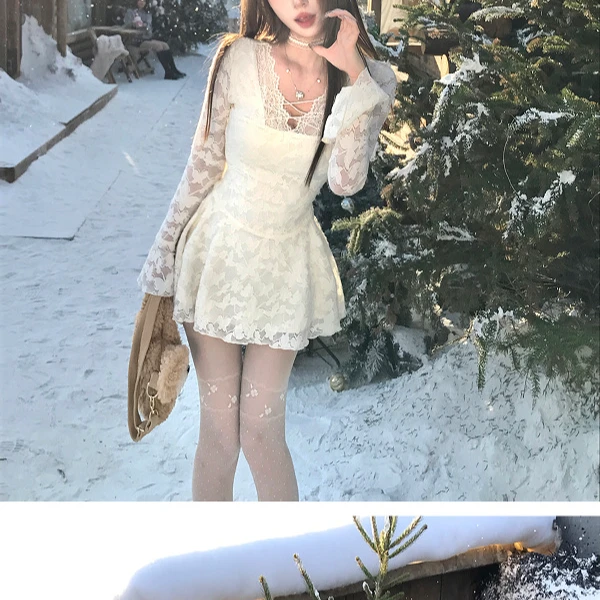 纯欲蕾丝短裙子收腰连衣裙打底修身气质v领收腰包臀a字公主仙女裙