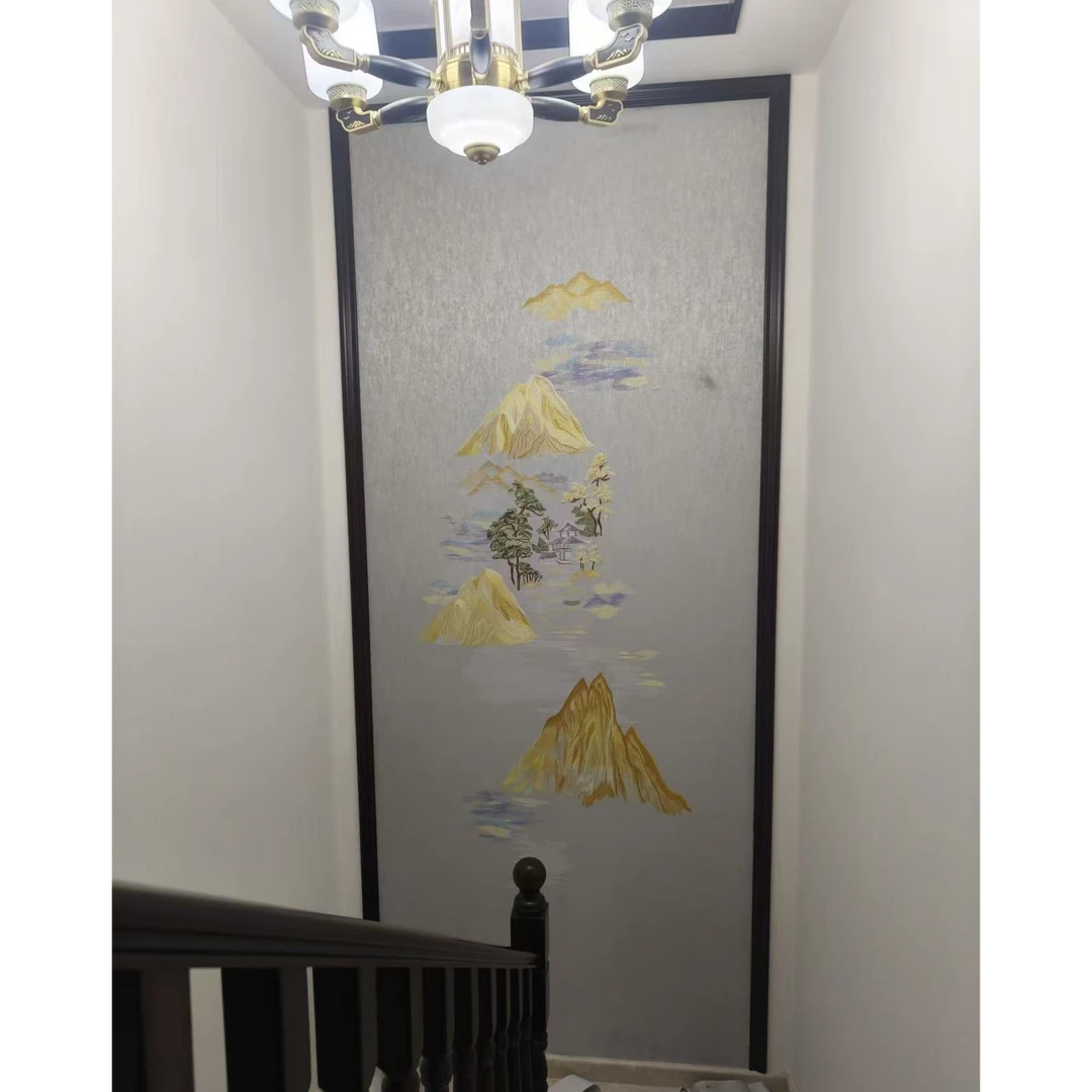 现代中式风格刺绣独秀墙布山水奇缘适用于玄关背景墙尺寸可定制