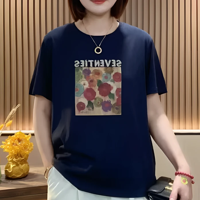 大码女装妈妈装夏季新款印花百搭T恤短袖