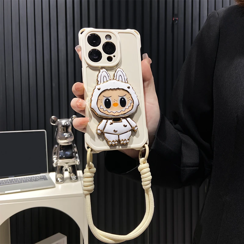 镜子小怪兽支架适用苹果16promax手机壳防摔挂绳华为p70小米可爱