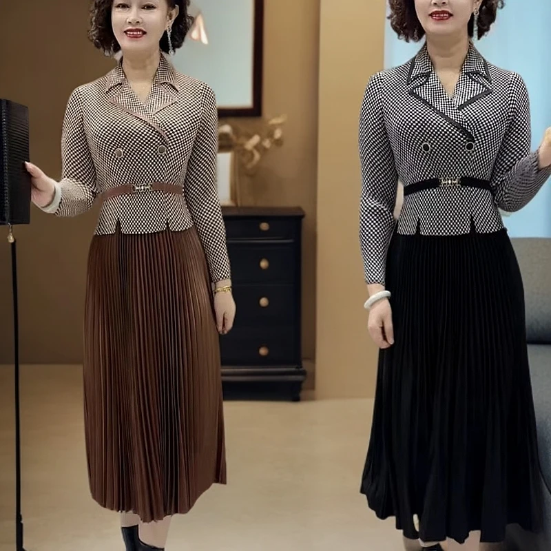 新款妈妈装千鸟格褶皱拼接连衣裙弹力拼接洋气显瘦时尚中老年