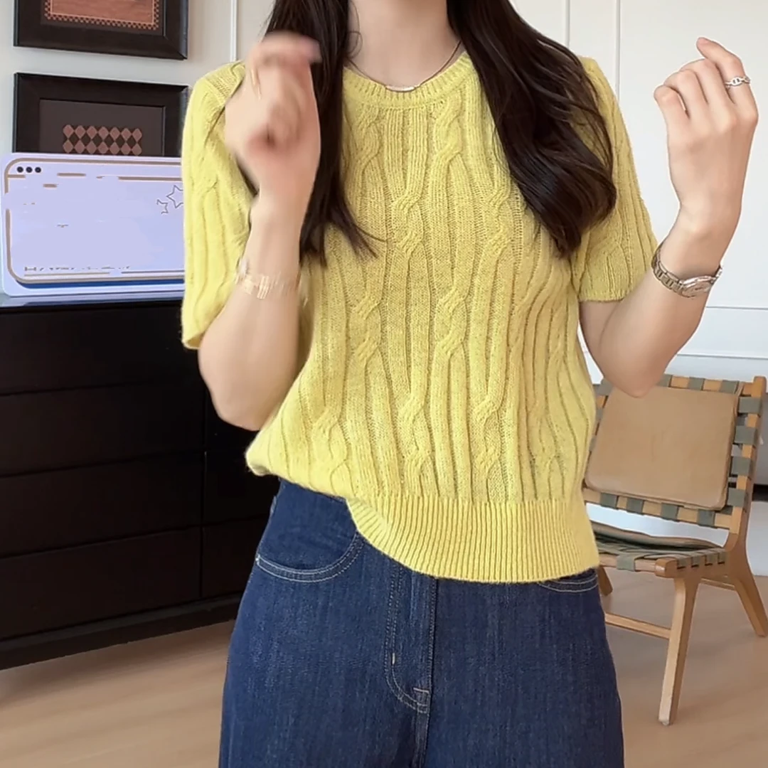 韩版时尚舒适百搭气质简约套头短袖针织衫2025夏季新款别致上衣