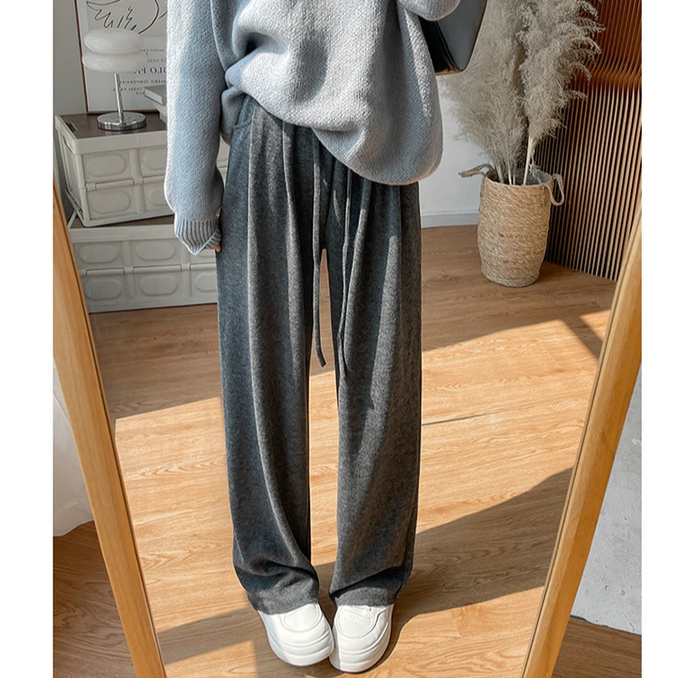 糯米垂感阔腿裤卫裤女新款秋季加绒高腰慵懒直筒裤窄版垂感裤子