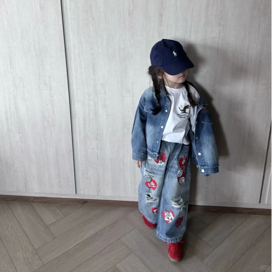 壹妈童装韩版女童套装秋冬洋气儿童时髦牛仔外套上衣破洞牛仔裤潮