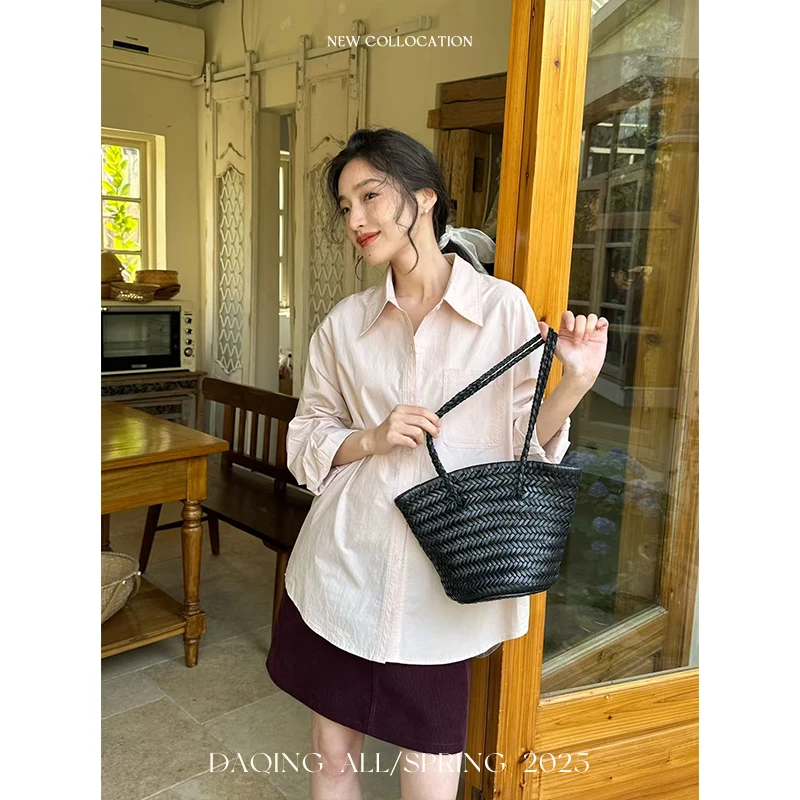 许大晴【素馨】简约通勤粉色宽松长袖衬衫叠穿上衣D2A59