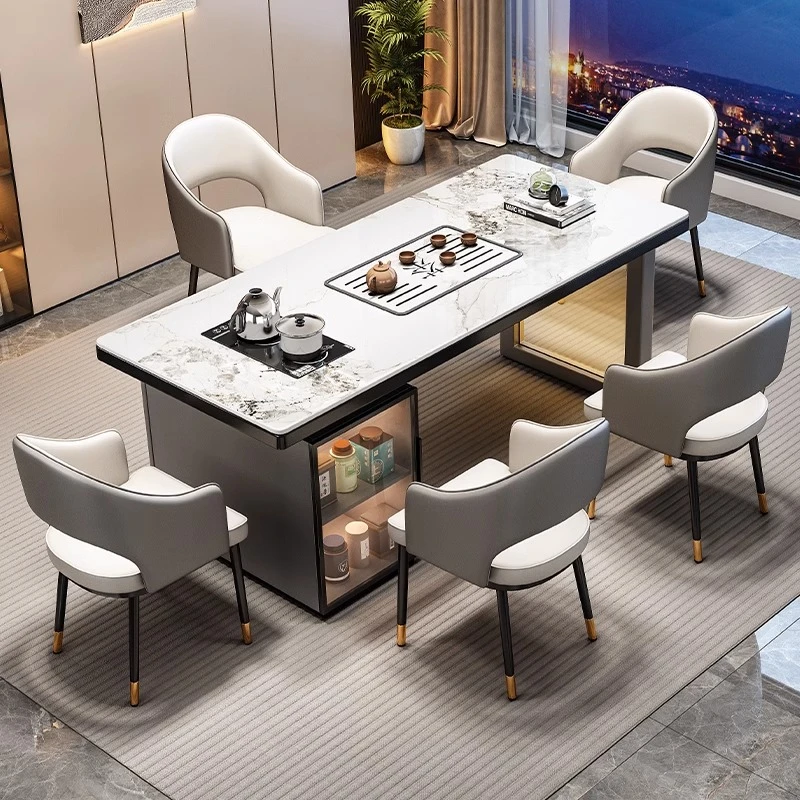 现代轻奢岩板茶桌客厅家用阳台茶台办公室茶桌椅组合一桌五椅茶几