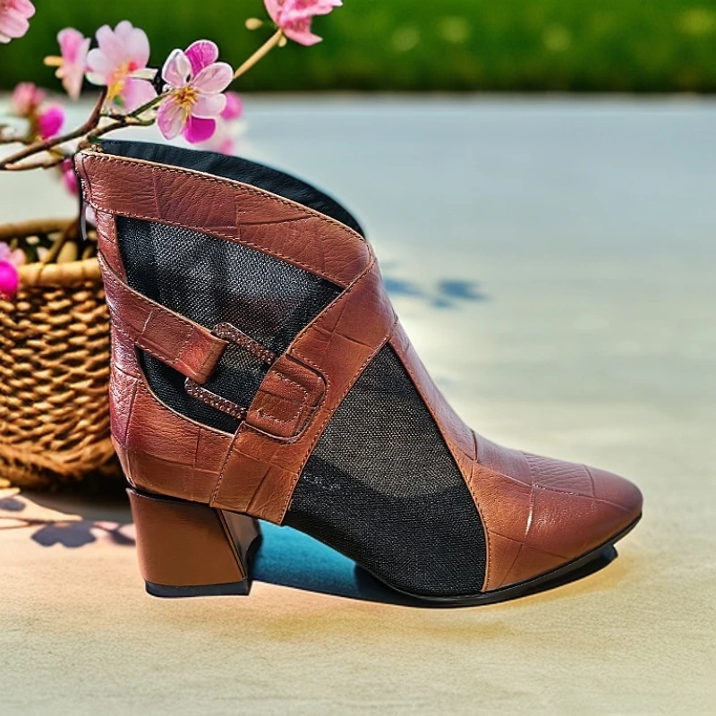 中跟网靴网面镂空凉靴马丁靴女2025新款夏季短靴粗跟真皮百搭女鞋