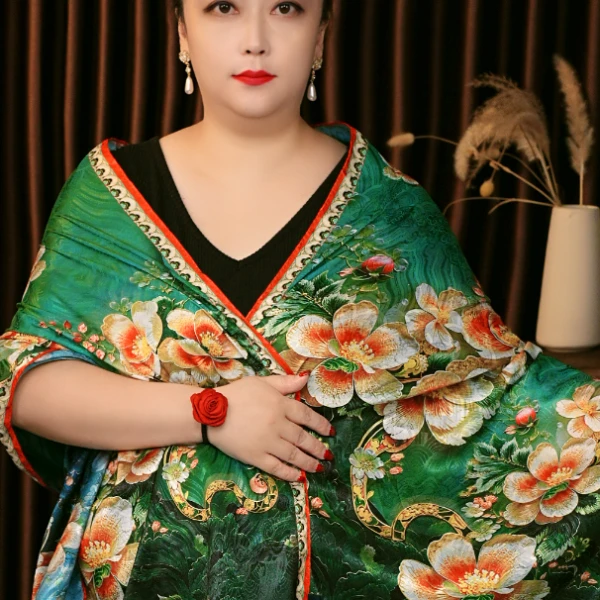 丝巾围巾披肩双面双色百搭旗袍碧海金英龙鳞纹180*70长巾 180503