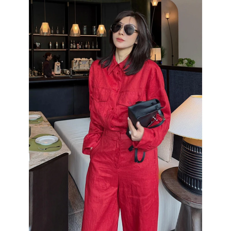 超火夏装一整套大方得体穿搭轻奢高级感欧货百搭红色衬衫套装裤女