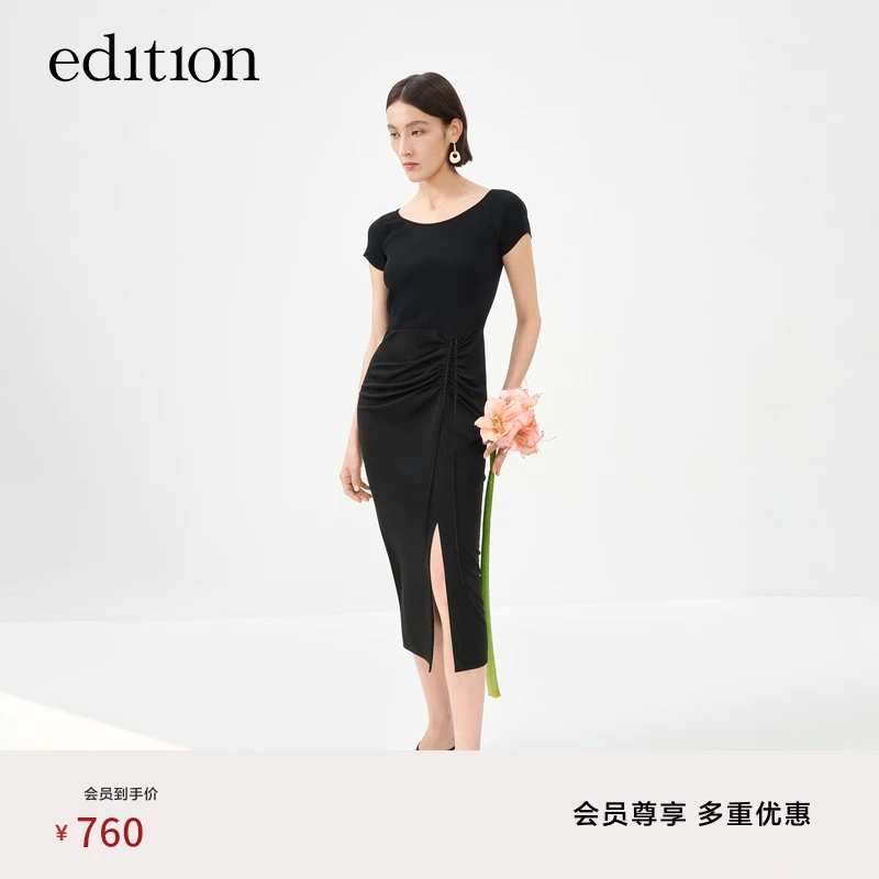 edition2023夏新款拼接短袖连衣裙女收腰包臀裙小黑裙#EBC2DRST16