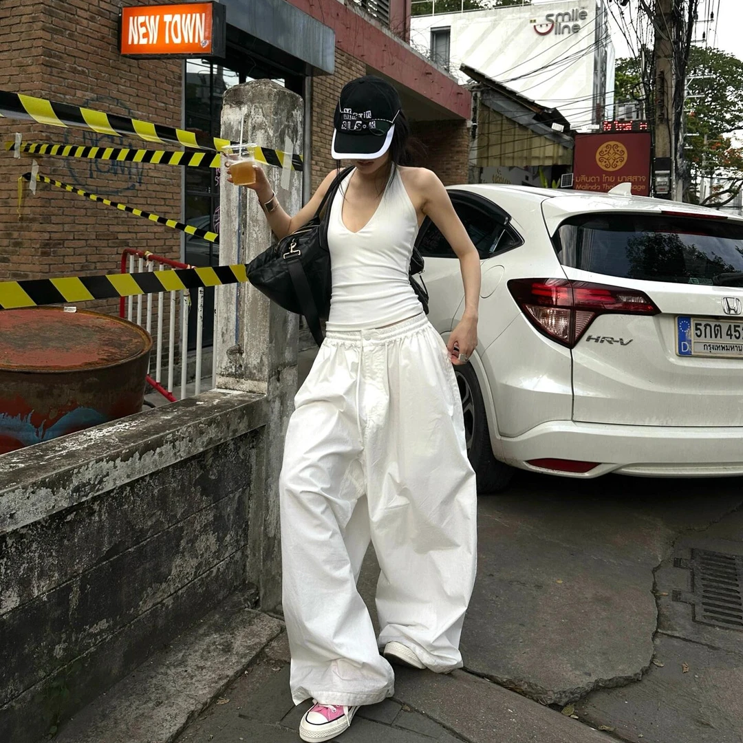 美式辣妹V领挂脖露背吊带背心女2025修身显瘦上衣宽松慵懒休闲裤