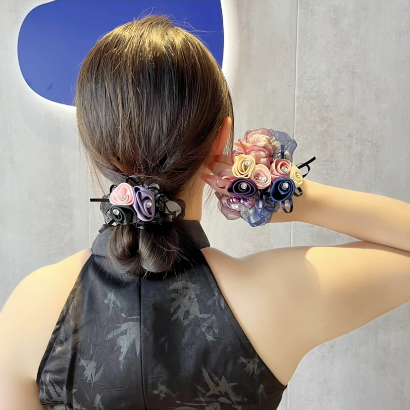 【三朵花发圈】法式欧根纱大肠发圈三朵花扎头发绳头花高级感气质