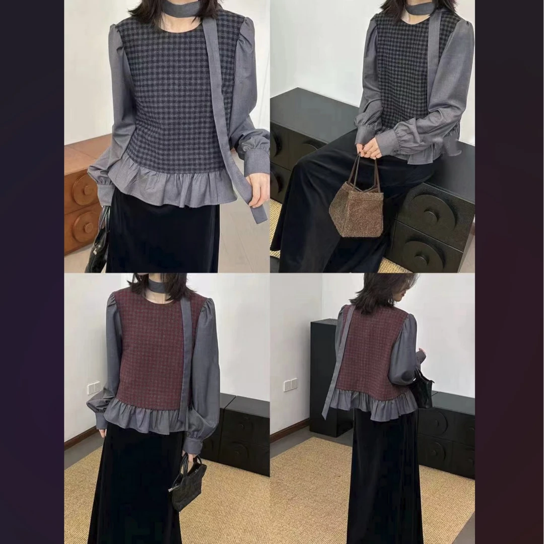 （柚子同款）ZJ秋款拼接马甲衬衣假两件上衣9608