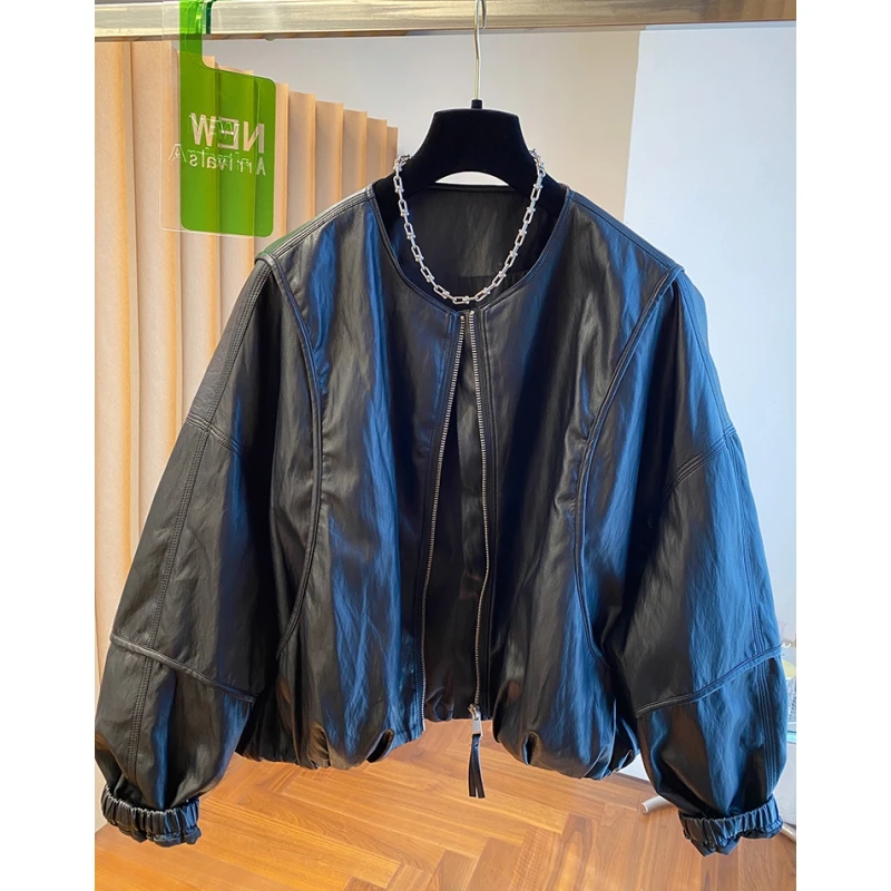 黑色蛋白皮衣外套女酷飒风2025新款秋季宽松短款机车服夹克上衣