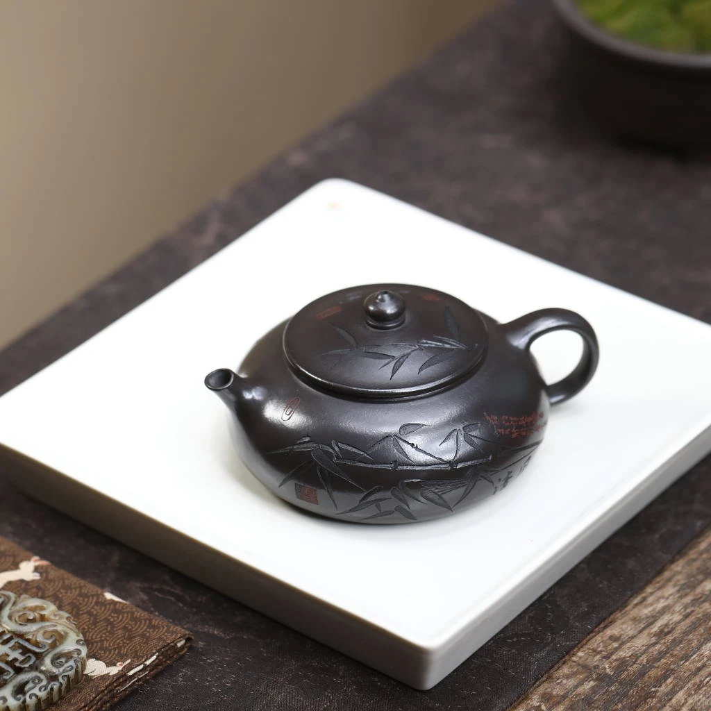 HB紫砂壶手刻竹影寒江原矿玄铁石黃料家用功夫茶壶茶具礼品