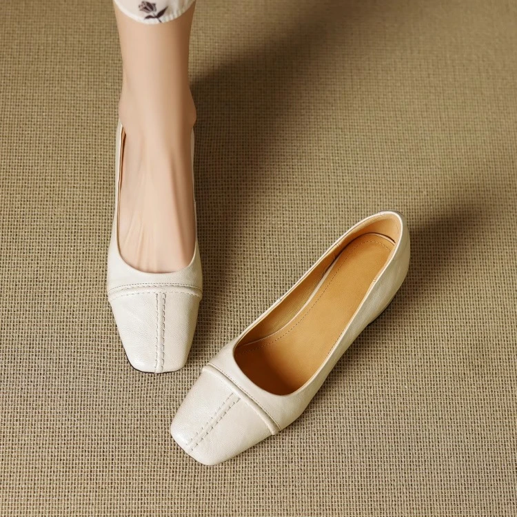 软羊皮断码清仓真皮方头复古浅口单鞋女2025春秋新款中粗跟小皮鞋