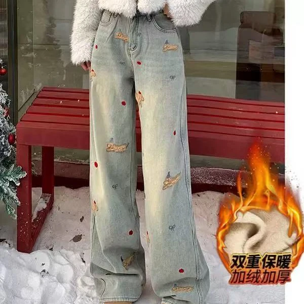 小狗刺绣加绒牛仔裤女2024冬季新款浅色保暖阔腿裤直筒休闲拖地裤
