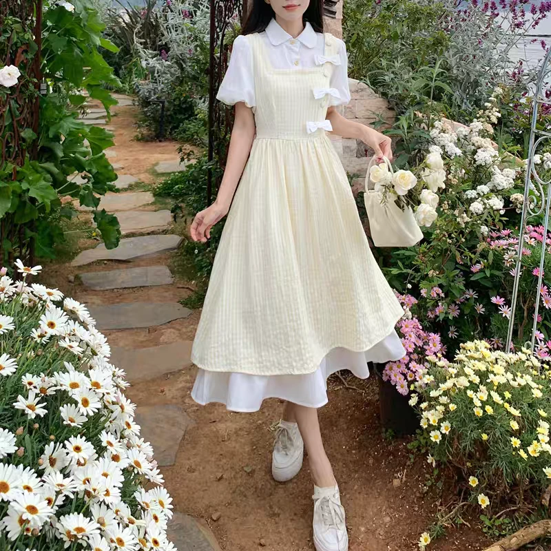 女大童假两件连衣裙初中学生学院风夏季新款少女孩校园风森系裙子