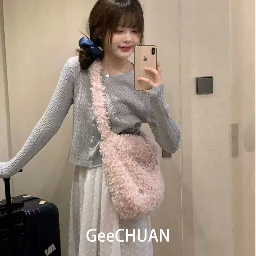 GeeCHUAN 粉色软糯麦穗粒羊圈绒大容量斜跨包早秋羊羔毛毛单肩包