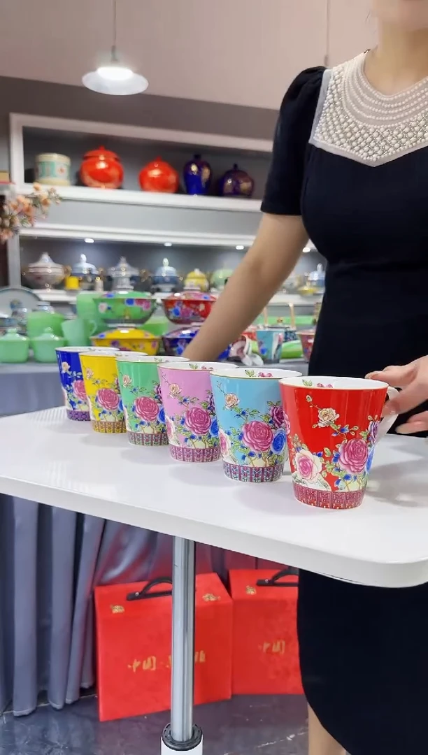 珐琅   牡丹花卉水杯6只装景德镇陶瓷