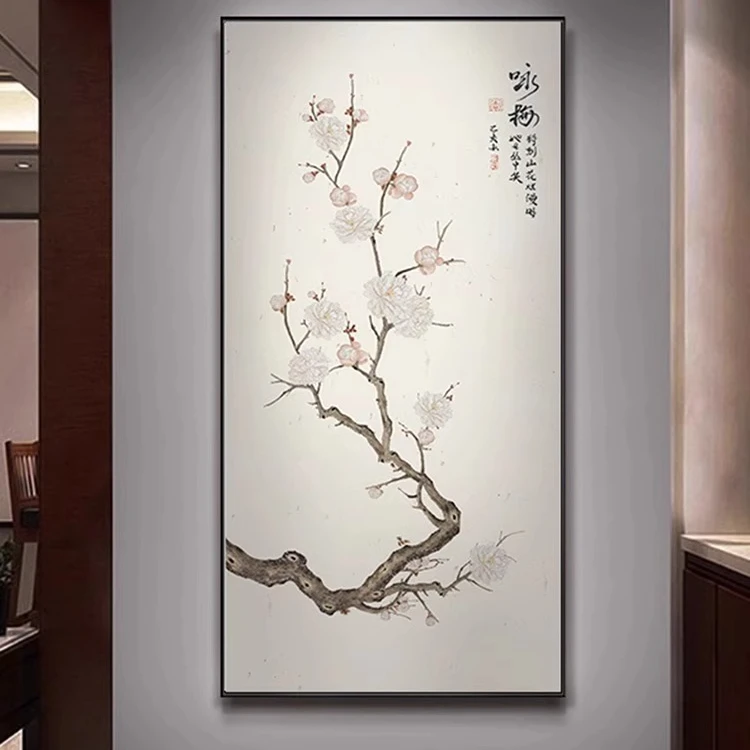 新中式玄关竖版装饰画走廊过道花鸟画壁画茶室背景墙禅意水墨挂画