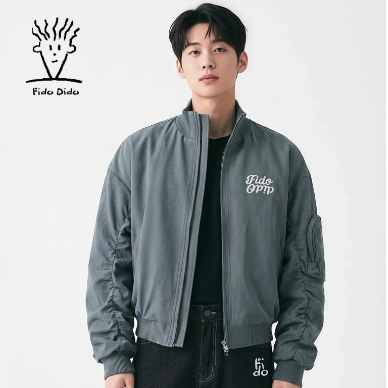 FIDO DIDO 秋冬休闲宽松百搭字母印花开衫立领夹克外套FDCCAW5308